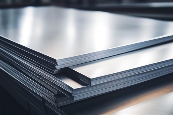 Gestapelte Metallbleche mit glatter, reflektierender Oberfläche.