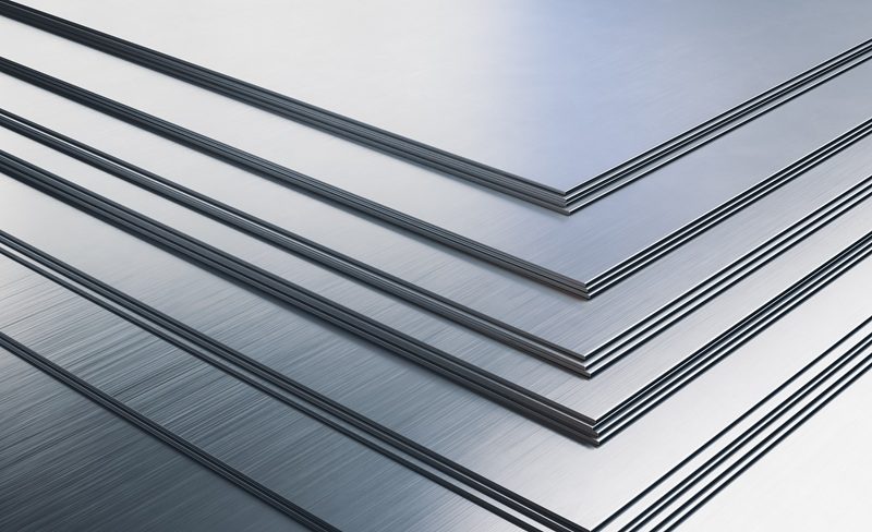 Edelstahlbleche Gestapelte glänzende Edelstahlbleche mit glatter Oberfläche.