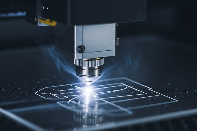 Lasergravurmaschinenspitze, die ein Muster auf ein Material schneidet.