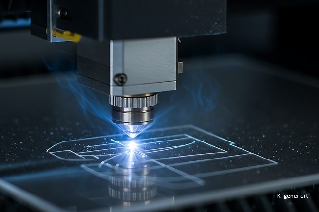 Lasergravur, KI-generiert Lasergravurmaschinenspitze, die ein Muster auf ein Material schneidet. KI-generiert
